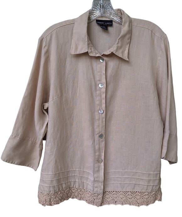 Robert Louis Tops - Robert Louis 100% Linen Crochet Trim Mother of Pearl buttons Blouse Shirt Tan M